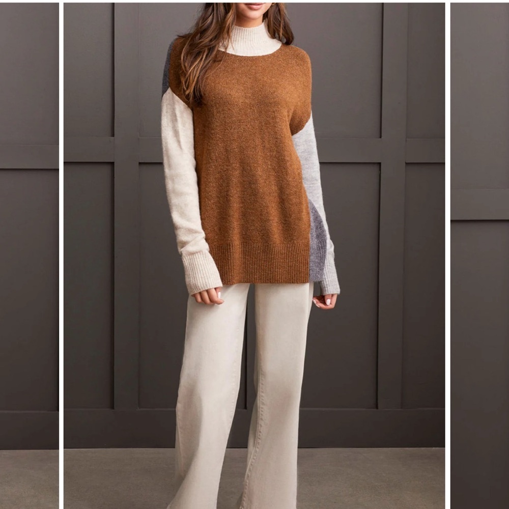 NWT Tribal Mock Neck Colorblock Sweater- Heathered Walnut size M soft washable - Picture 3 of 10
